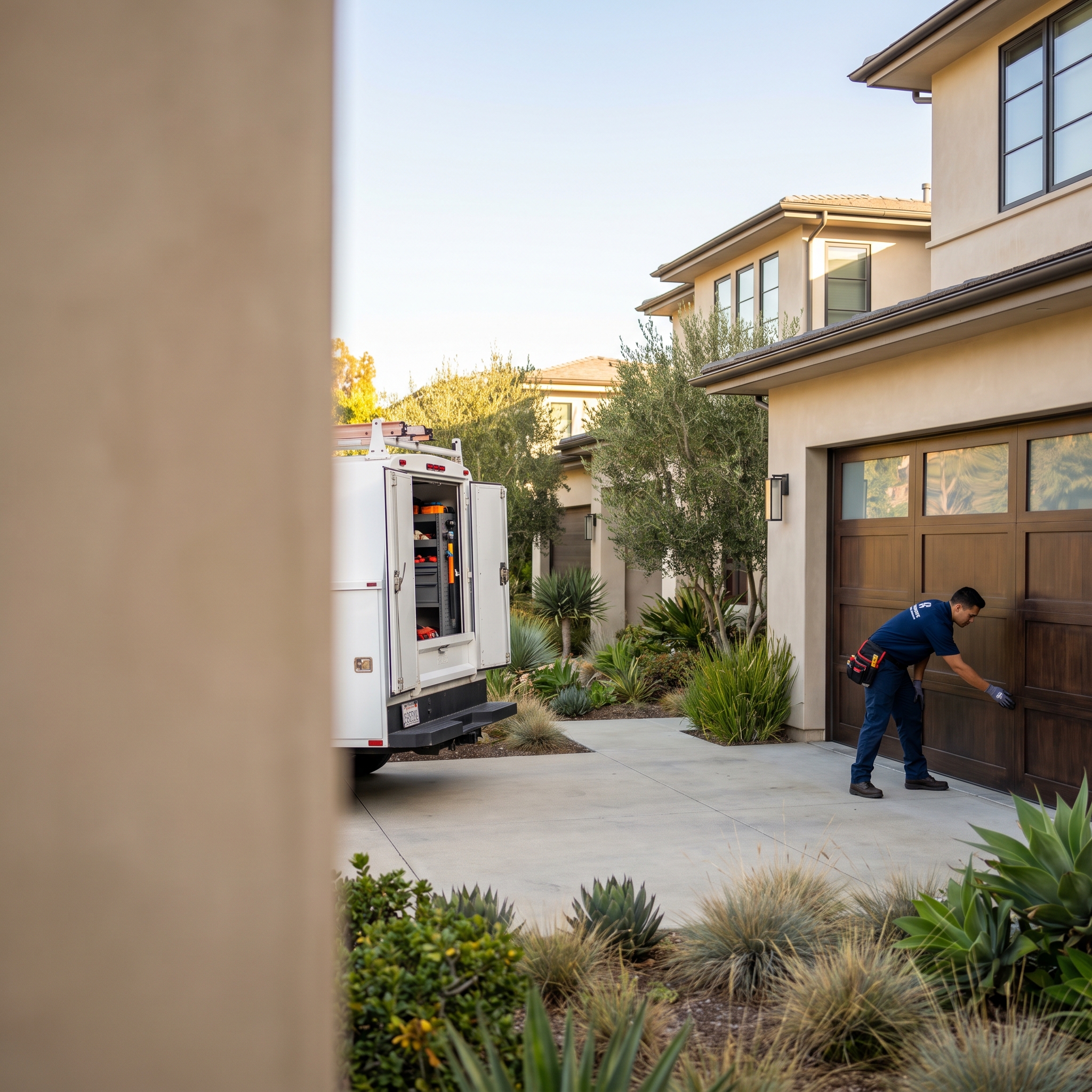 Professional garage door technician inspecting a premium wooden garage door